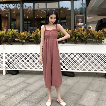 

Jumpsuits Women Summer 2020 Trendy Elastic Single Breasted Womens Wide Leg Jumpsuit Female Graceful Casual Solid Slim Chic Daily