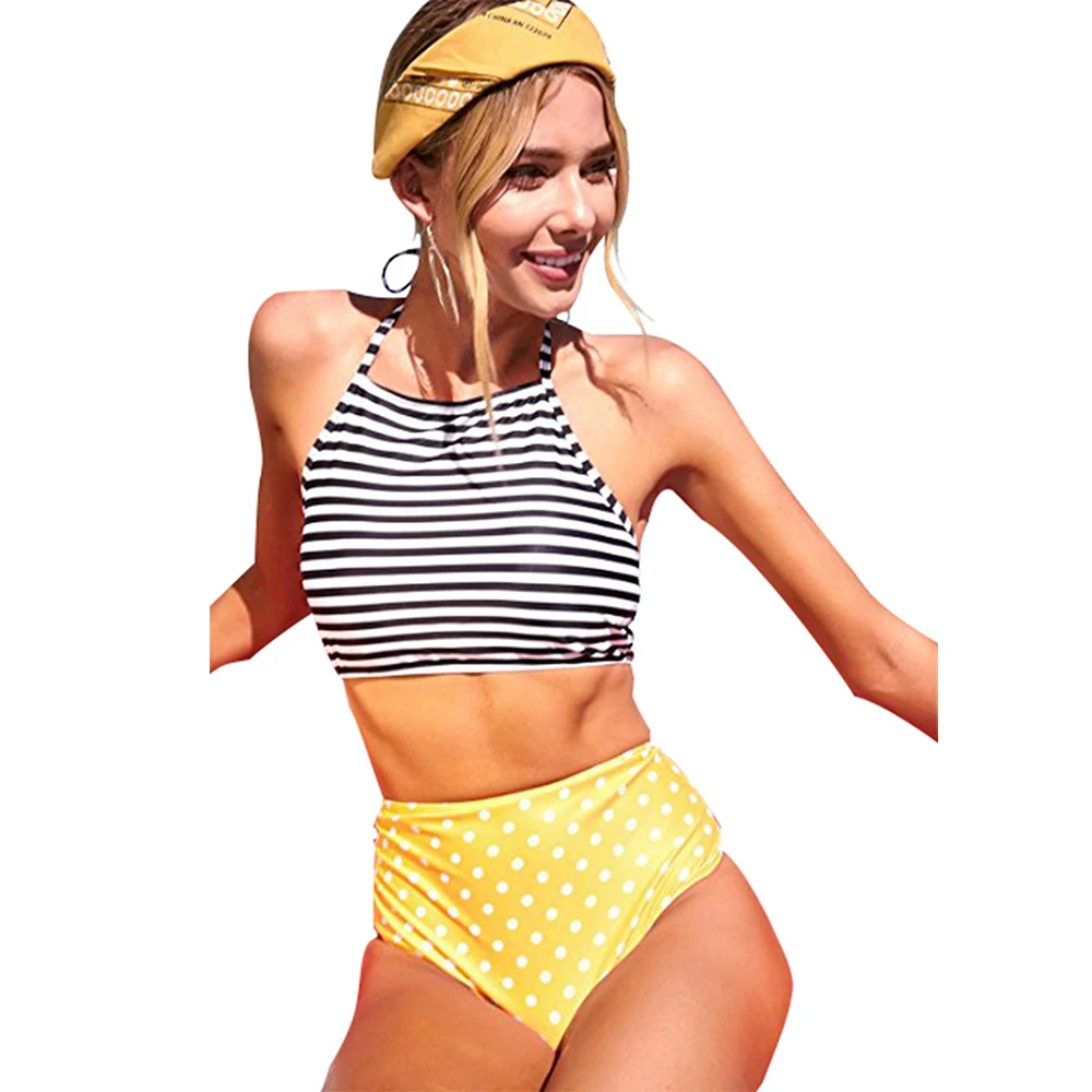 

Women Sexy Backless Two Piece Set Striped Crop Top High Waist Dot Short Swimming Suit Summer Halter Lace Up Swimwear Bikini Set
