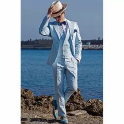 Элегантный Светло-синий мужской костюм комплект из 3 предметов (куртка + жилет + штаны) смокинг для жениха Нарядные Костюмы для свадьбы Slim Fit