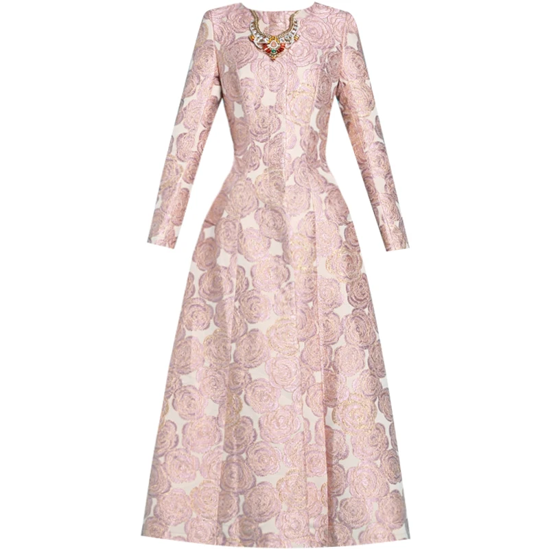

Luxury 2019 Spring Autumn Women's Pink Rose Jacquard Embroidery Long Trench Coat Elegant Covered Button Slim X-long Windbreaker