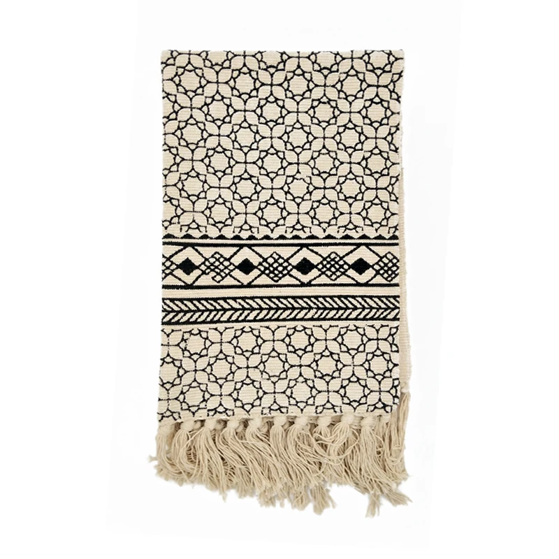 Простой Стиль геометрический решетки Черный и белый хлопок кисточкой дизайн ручной ковер моющийся Нескользящая ковер Спальня Гостиная