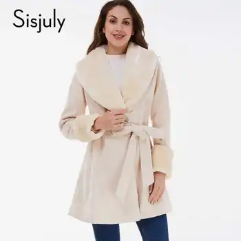 Sisjuly women coat fashion winter wool blends female coats white long sleeve fur women autumn tops 2017 spring overcoats sashes