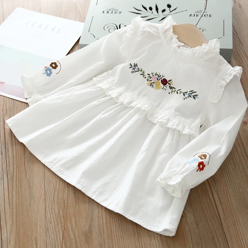 Детские рубашки для девочек, блузка с оборками и длинными рукавами, с вышитыми цветами, детская одежда из хлопка