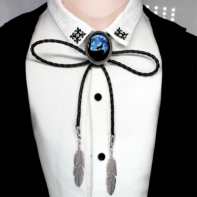 BOLO-0024 New Fairy Howling Wolf Art Oval Bolo Tie Vowboy Hand Craft Slide Western Tie Neck Glass Photo Tie Leather Necklaces