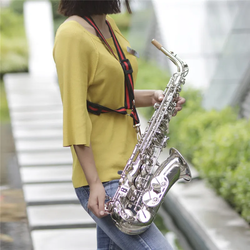 

New Saxophone Shoulder Strap Red Stripe Tenor Alto Saxophone Double Belt Adjustable Shoulder Strap with Stainless Steel Hoo