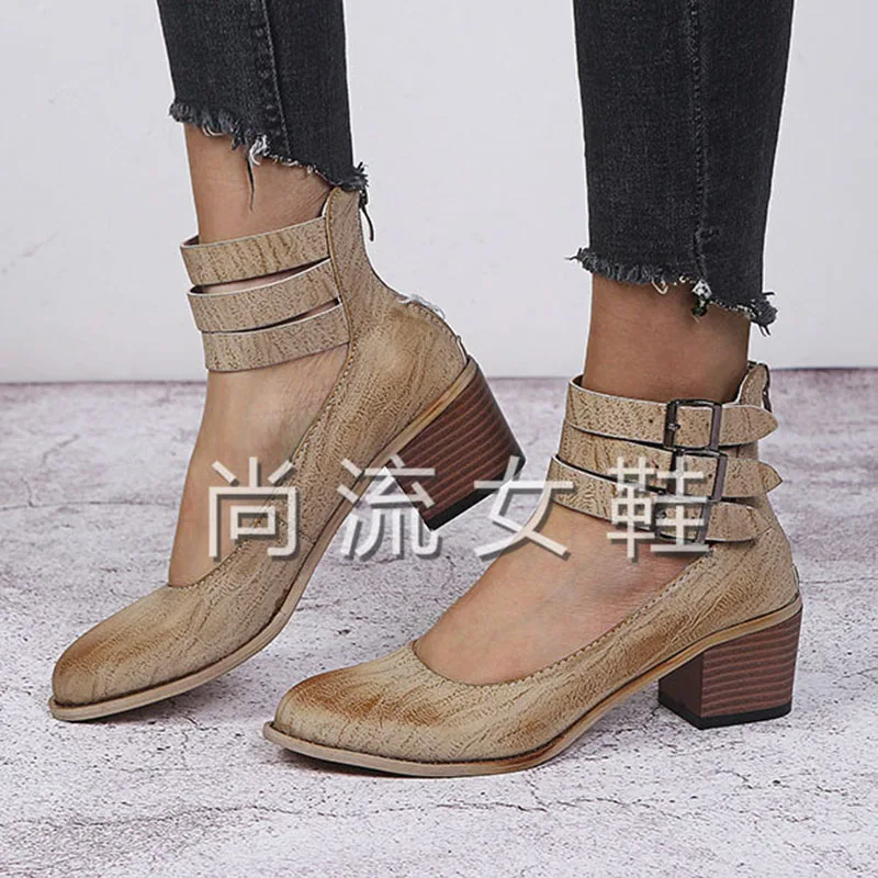

LTARTA 2019 Spring Retro Color Thick With Shallow Mouth Large Size women's Shoes Khaki Classic sandals CBSL-SL901680