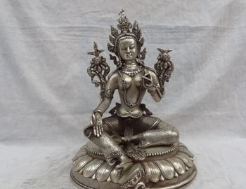 

song voge gem S2673 10" Tibet Silver Buddhist Style Bronze Lotus Green Tara Buddha Statue Sculpture