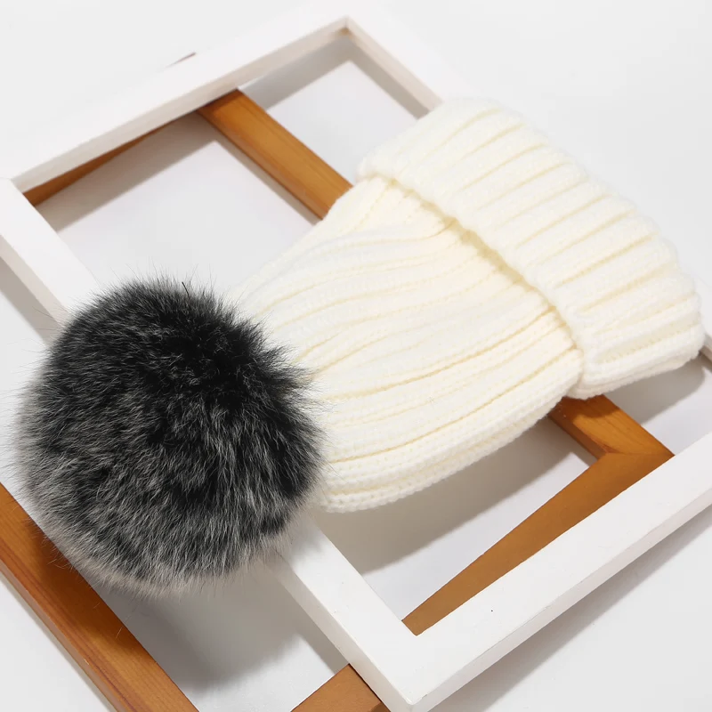 Real Fur Hat Knitted Real fox hair bulb Pom Pom Hat Women Winter Hat Unisex Kids Warm with wool Chunky Thick Stretchy Knit hat