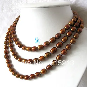 

FREE SHIPPING>>>@@ > N28 51" 7-9mm Coffee Rice Cultured Freshwater Pearl Strand Necklace Dyed Color