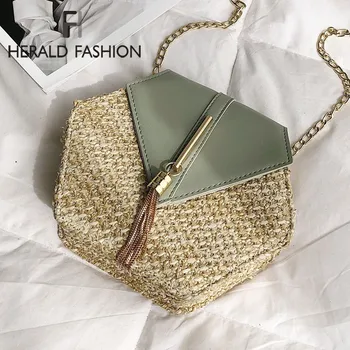 

Herald Fashion Women Simple Straw Bag Chains Weaving Female Shoulder Bags with Tassel Summer Beach Bag Ladies' Messenger Bag Sac