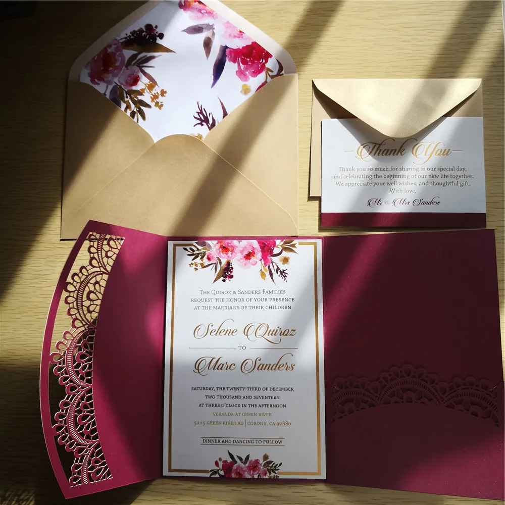 

30pcs laser cut bundary pocket card set +matching envelop+card+RSVP free shipping Custom design and printing
