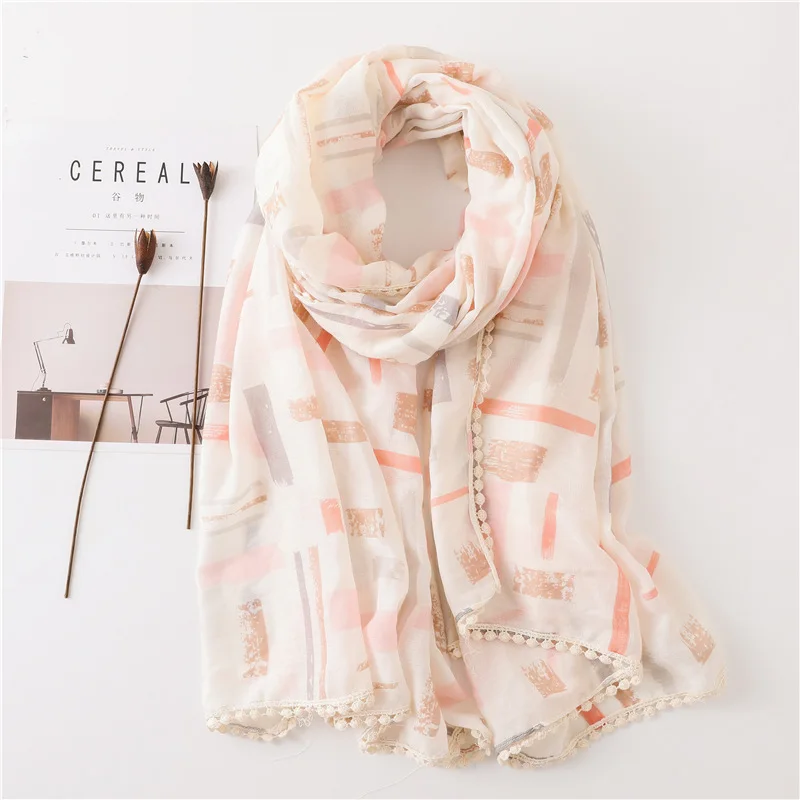 

2018 Luxury Brand Striped Line Pom Pom Viscose Shawl Scarf Women Hijabs and Wraps Summer Beach Pashmina Foulard Stole 180*90Cm
