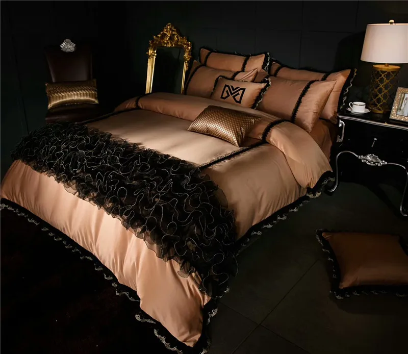 Cotton Imitate Silk Soft Bed Set Black Lace Luxury Golden Bedding