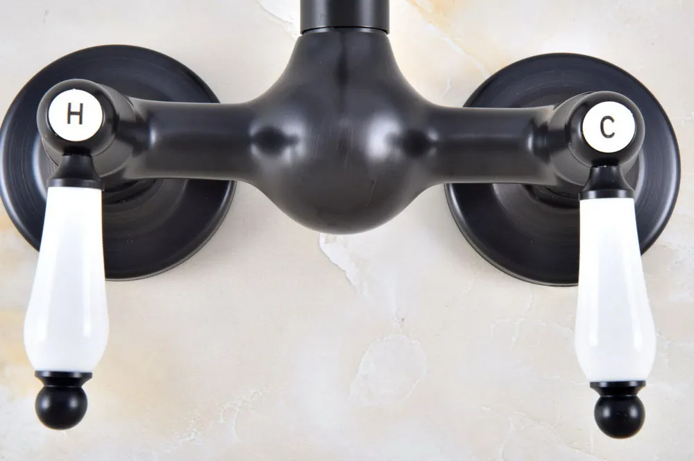 Black Oil Rubbed Bronze Wall Mounted Bathroom Kitchen Sink Faucet Swivel Spout Mixer Tap Dual Ceramics Handles Levers anf870