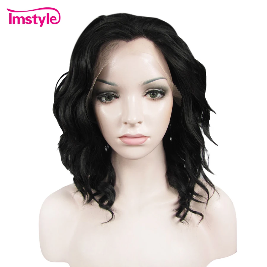 Imstyle короткий черный парик Синтетические волосы на кружеве парики для Для женщин термостойкие волокна синтетические кружева вьющиеся
