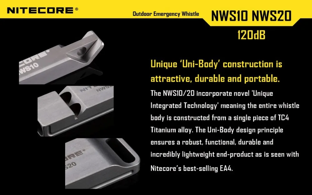 NITECORE 120 дБ Открытый аварийный спасательный свисток NWS10 титановый сплав наружные портативные аксессуары для освещения Новые