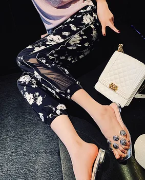 

Hollow Out Hot Drilling Chain Pants for Women New Spring Summer Black Printing Casual Trousers Loose Ankle-length Pants