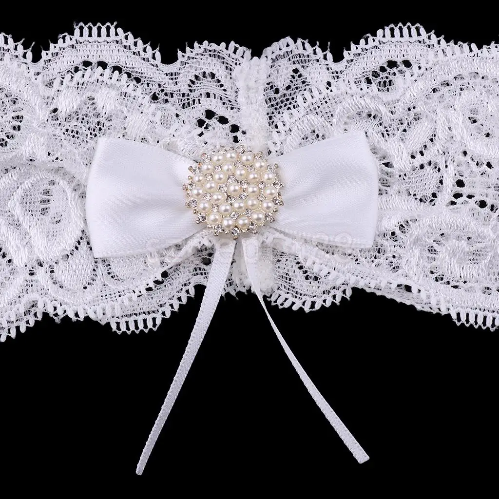 Wedding Bowknot Rhinestone Pearls Lace Garter Bride Flower Applique Keep Toss Bridal Shower White