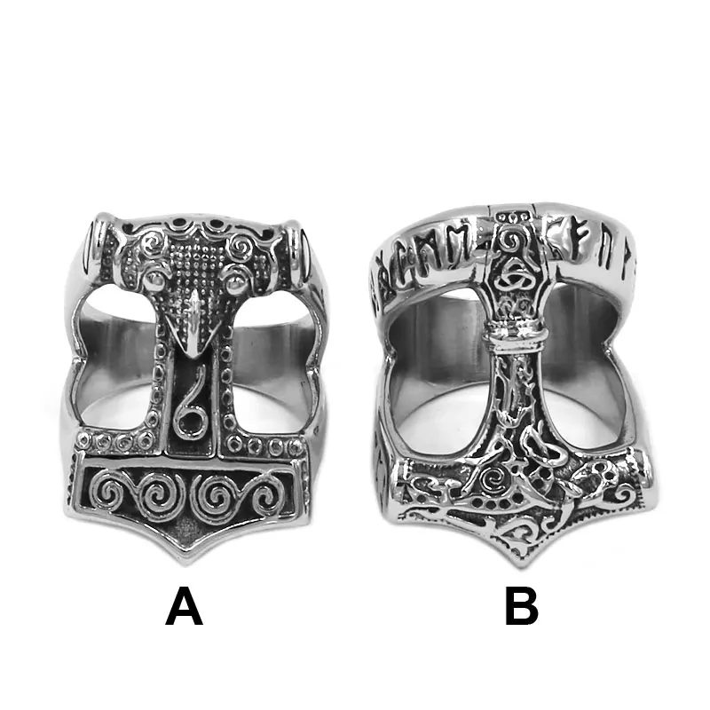 

Norse Viking Myth Thor Hammer Ring Stainless Steel Jewelry Celtic Knot Ring Animal Amulet Biker Men Ring Wholesale 820B