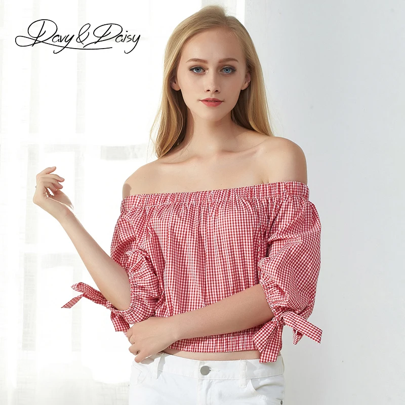 DavyDaisy Women Blouses Crop Top Fashion Slash Neck Plaid Red Lantern Sleeve Bow Summer Casual Shirts Female Tops BL036 |