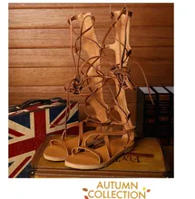 Женщины натуральная кожа strappy открытым носком колено высокие летние сапоги гладиатор плоский каблук сандалии роман повязку повседневная обувь женщина