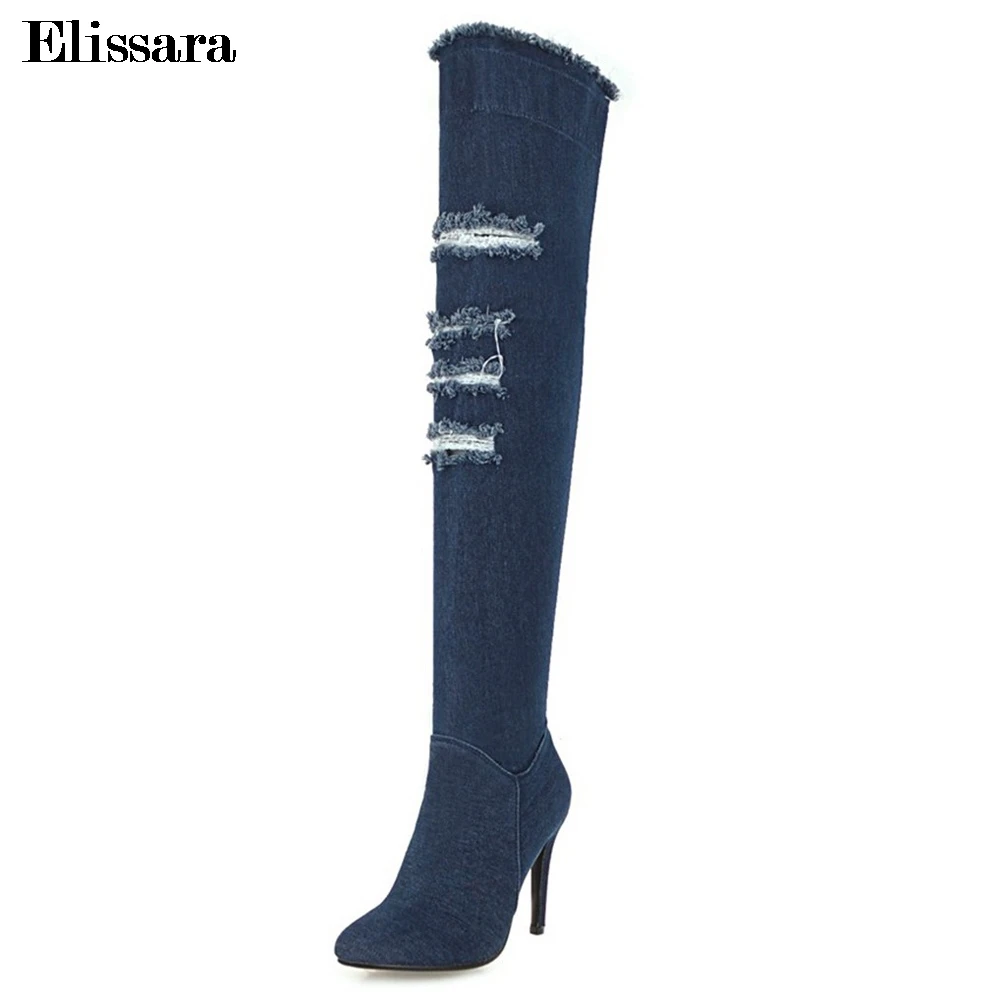 

Women Zip High Heels Over Knee Winter Boots Ladies Denim Fashion Pointed Toe Blue Heels Boots Shoes Plus Size 33-47 Elissara