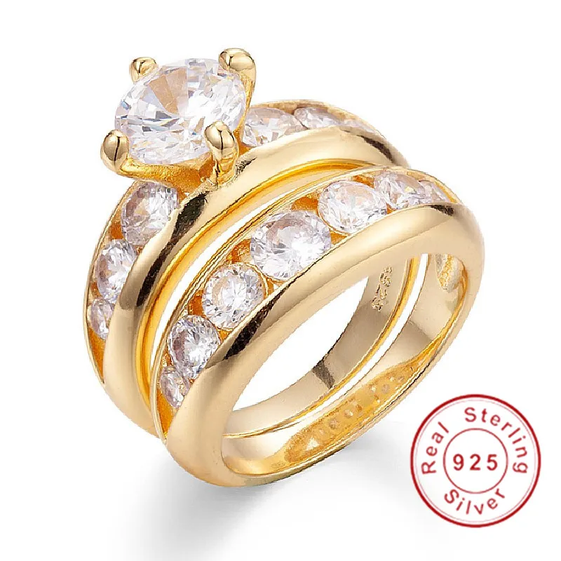 Женская футболка с круглым 3ct имитация Кольца с алмазами набор 2-в-1 925 Серебряное обручальное кольцо на головщину для Для женщин Ювелирные наборы из 18-каратного желтого золота, ювелирные изделия