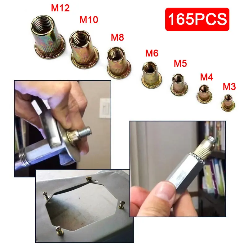 

M3 M4 M5 M6 M8 M10 M12 Type Rivet Nut Kit Mixed Carbon Steel Zinc Plated Rivet Nut Insert Threaded 165 pcs/set