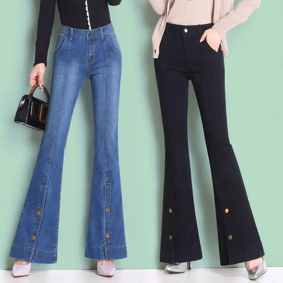2019 Spring and Autumn new women's high waist flare jeans slim split trumpet trousers denim pants plus size r1477 |