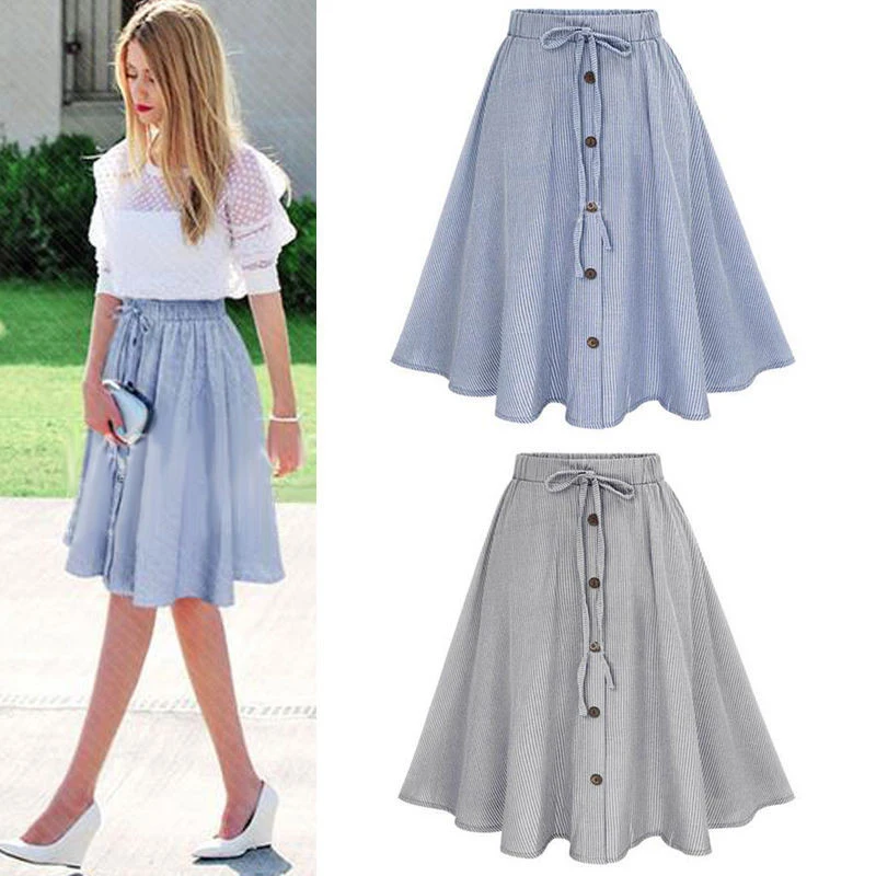 

Summer Women Skirt Vintage Stripe Print Lace-up Button High Waist Skirts Gown Pleated Cotton Midi Knee-length Skirts Rokken