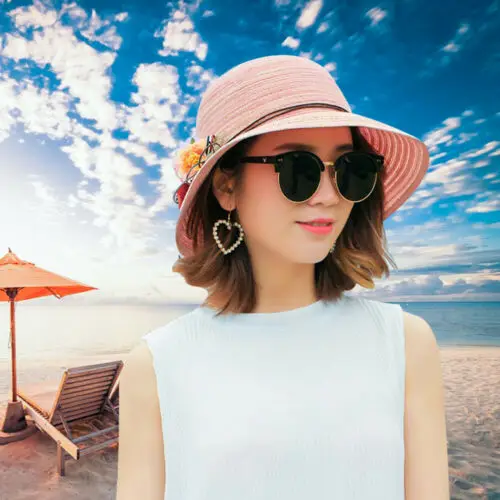 

Women Lady's Straw Bowler Boater Flower Sun Hat Round Flat Caps Wide Brim Summer