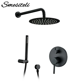 

Sold Brass Matte Black Round Shower Set 8/10/12 Inch Head Straight Wall Arm Set With Mixer Taps Alba Black Bathroom Bath Faucet