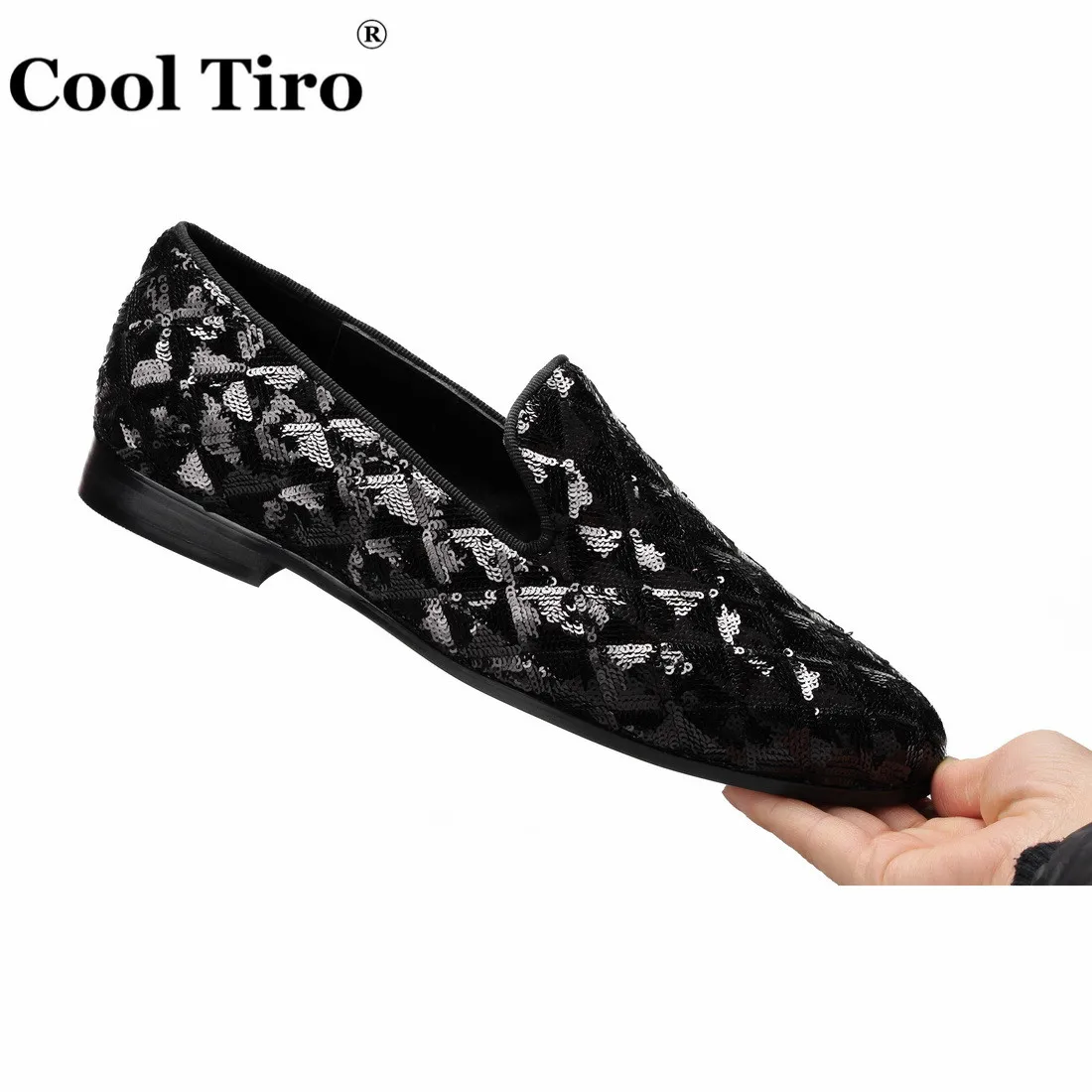 Black Sequin canvas Slippers Men's Loafers (7)