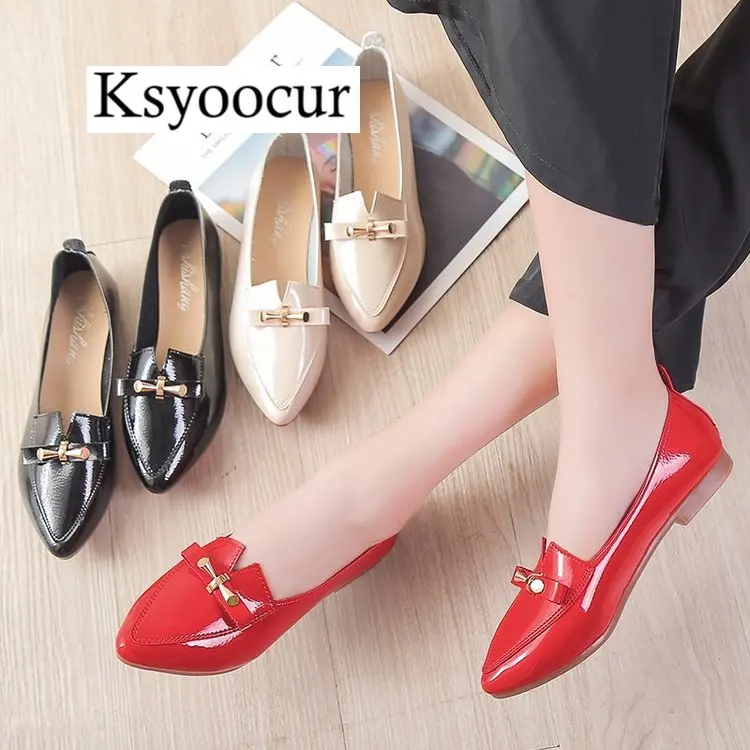 

Ksyoocur brand Autumn Flats Women Shoes PU Leather Elegant Low Heels Slip On Footwear Female Pointde Toe Thick Heel J012