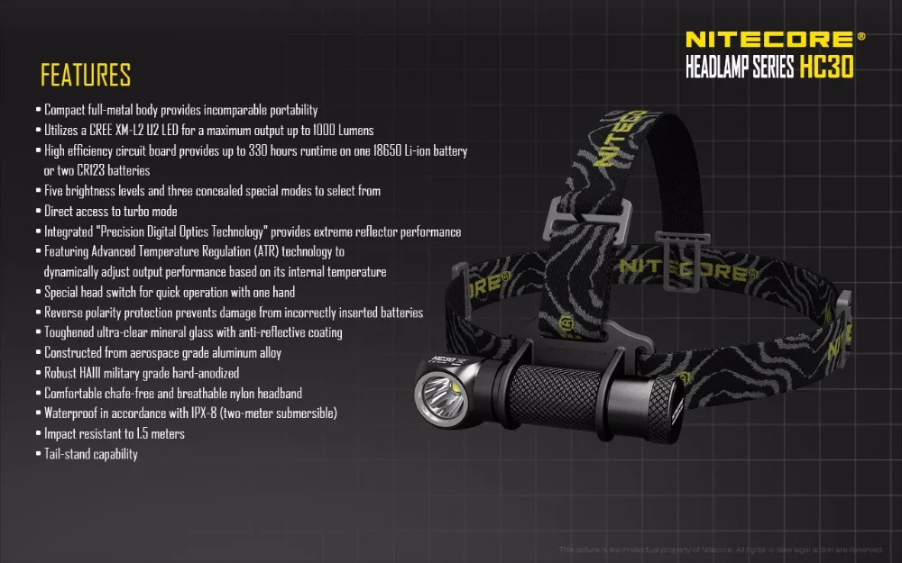 NITECORE HC30 HC30W головной светильник CREE XM-L2 U2 светодиодный Макс 1000ЛМ головной светильник дальность луча 162 М головной светильник наружный налобный фонарь