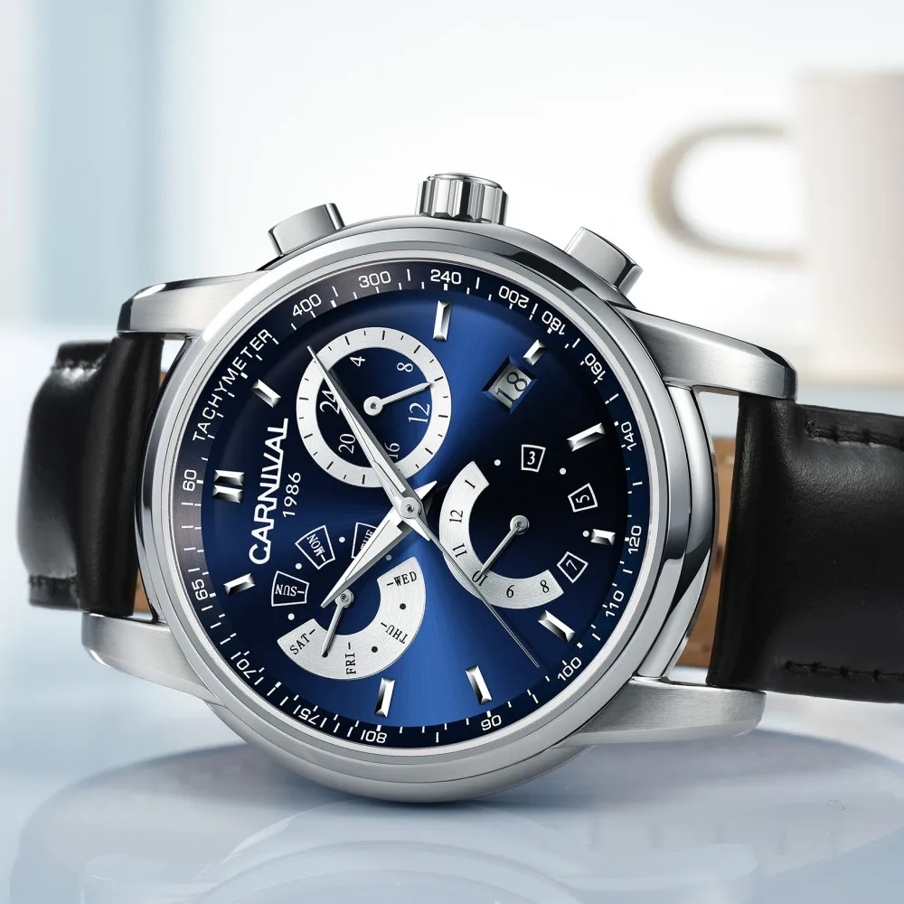 الراقية الميكانيكية ووتش كرنفال الفاخرة أوتوماتيكي متعدد الوظائف ووتش الرجال اسبوع التقويم 24 ساعة مضيئة Montre أوم