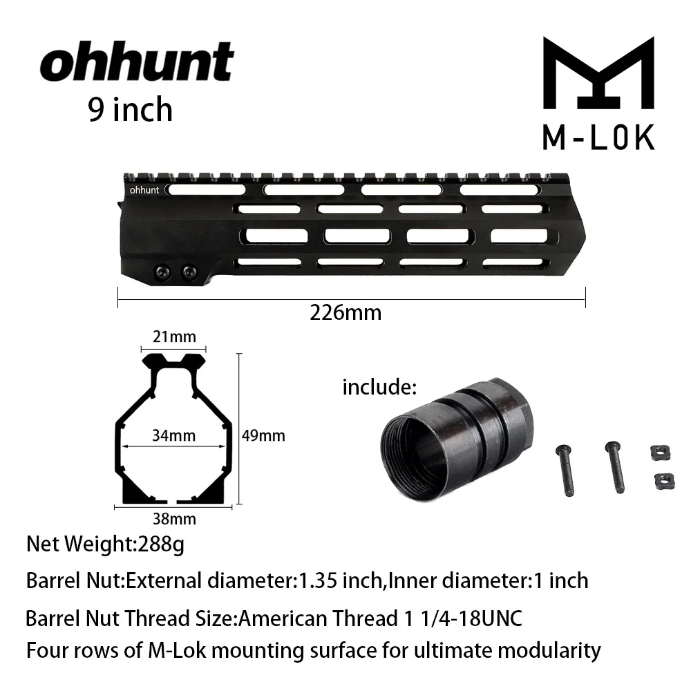 Ohhunt тактический AR15 поплавок M-LOK Handguard " 9" 1" 12" 13," 15" 1" Пикатинни со стальной бочкой гайка для прицела - Цвет: 9 Inch