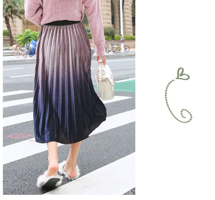 REALEFT осенние женские бархатные элегантные гофрированные длинные юбки градиентные с высокой талией Harajuku тюлевые трапециевидные юбки до середины икры для женщин