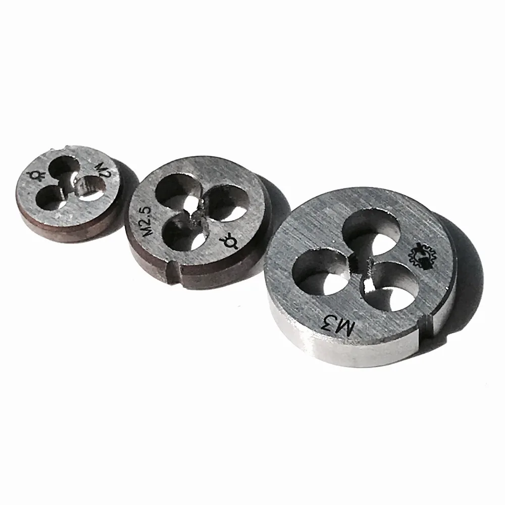 Vendita a costo di 3 pezzi in totale 1 pezzo di ciascuna matrice manuale rotonda metrica M2 M2.5 M3 per filettatura di piccoli pezzi metallici in alluminio e rame - immagine 2