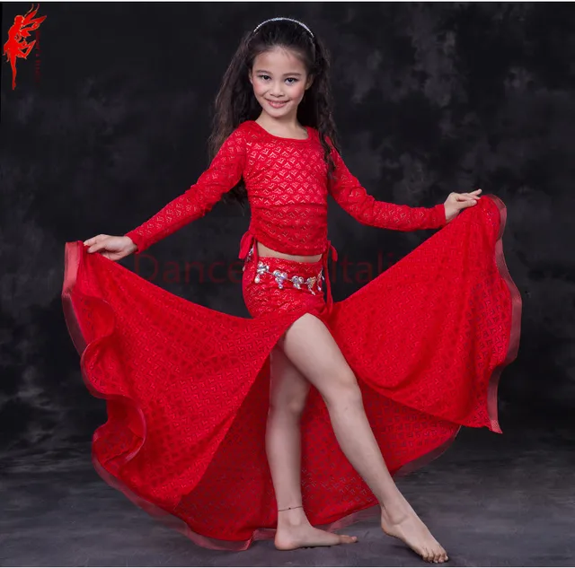 New arrival girls belly dance clothing lace long sleeves top/skirt 2pcs