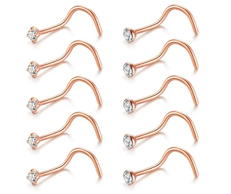 

50pcs/lot Free Shipping Gem Nose Rings 20G Nostril Ring Screw Studs New Body Piercing Jewelry Surgical Steel Rose Gold