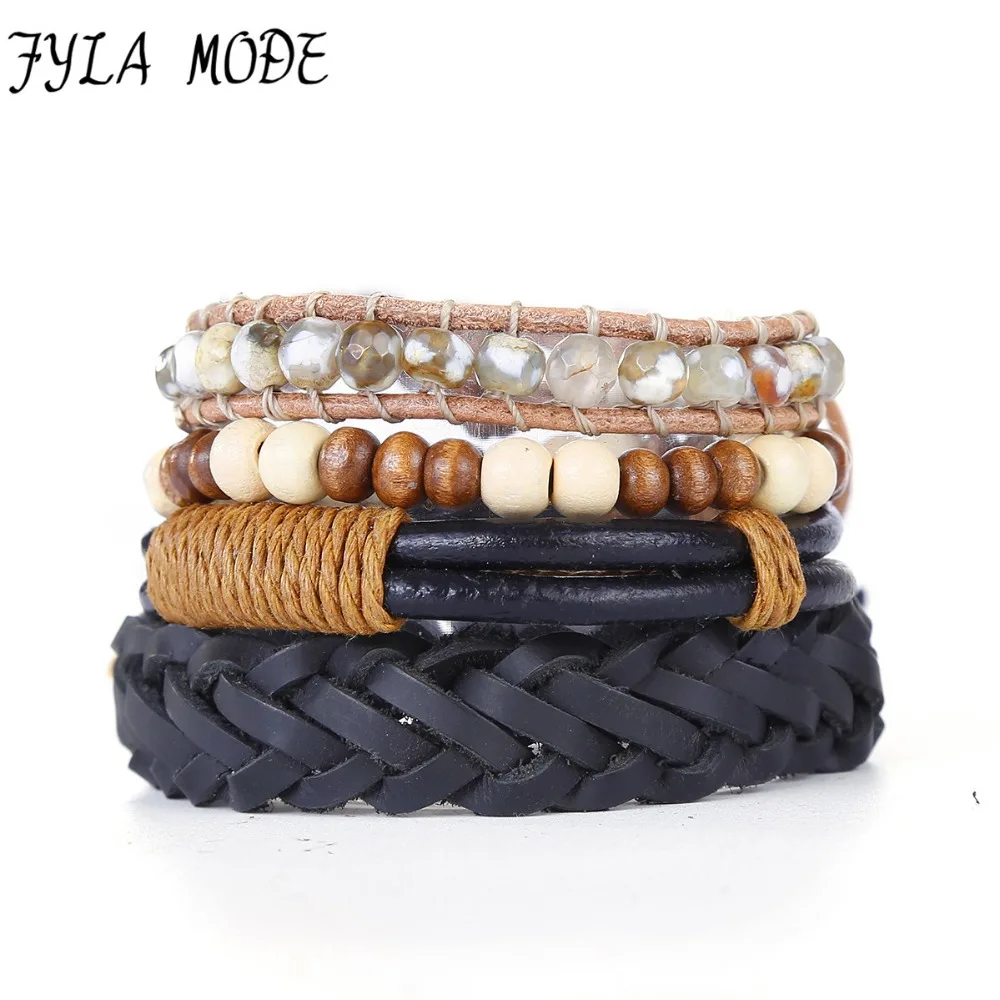 

4Pcs Punk Turkish Natural Stone Bracelets for Women Men Beads Wristband Cuff Leather Bracelet Ethnic Vintage Jewelry Bijouterie