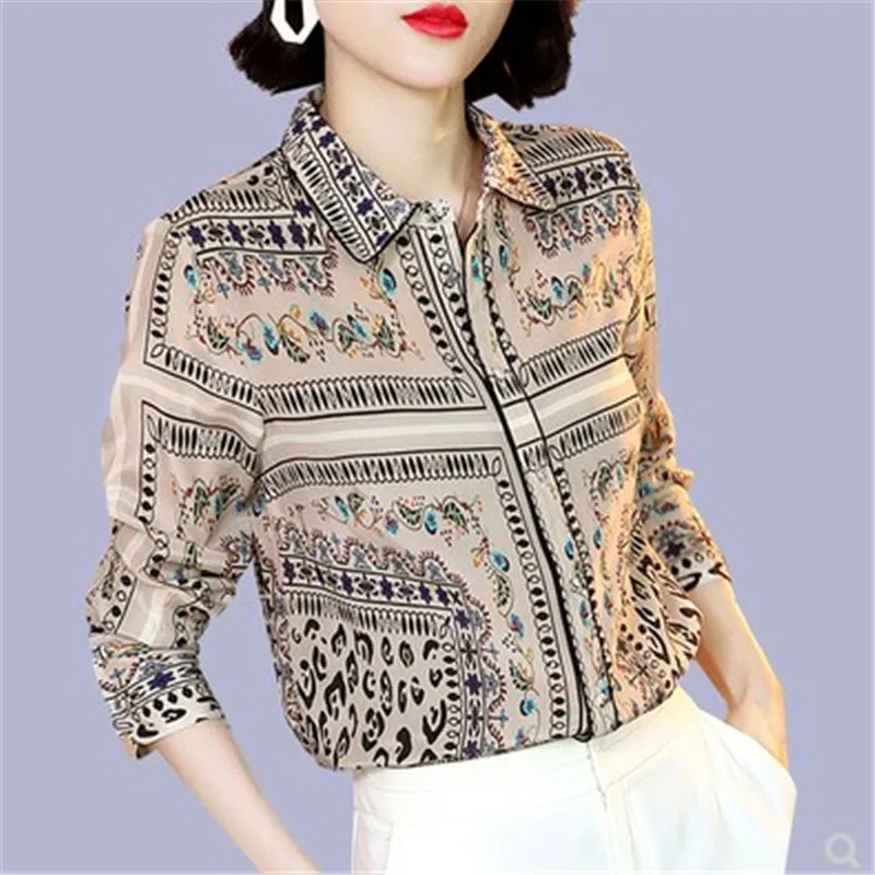 

Printed Silk Shirt Spring/Summer Blouses 2019 New Women's Fashion Elegant slim Shirt 3/4 Sleeve Female Trend Casual Work Wear XL