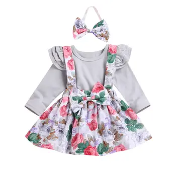 

Fashion Cute Infant Newborn Baby Girls Clothes Bodysuit + Overalls Suit Skirt + Headband 3pcs Outfit Cotton Baby Tracksuit Set