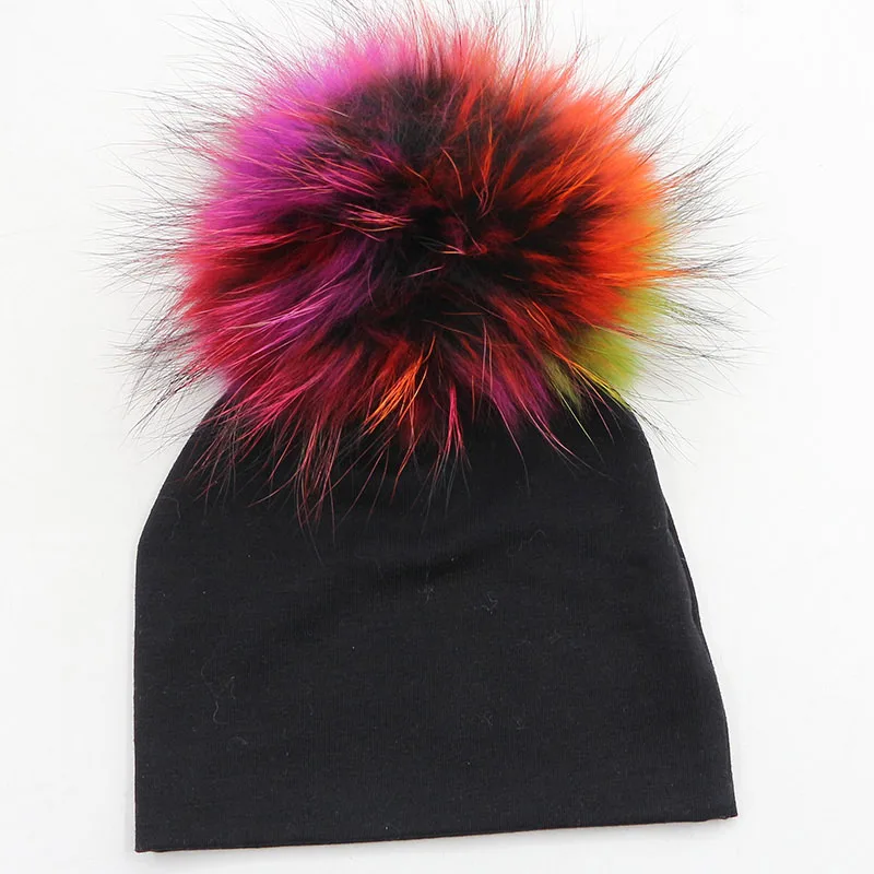 INS/Весенняя Хлопковая шапочка нового дизайна с помпоном из натурального меха енота и лисьего меха для маленьких мальчиков и девочек от 0 до 5 месяцев, Мягкие Шапки - Цвет: black