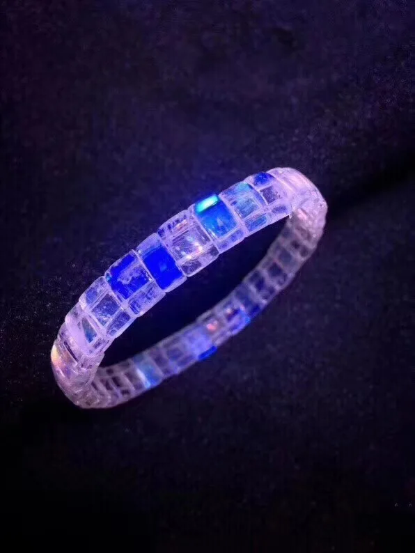 

Genuine Natural Strong Blue Light Moonstone Quartz Bangle For Woman Lady Crystal 8.5x6x4mm Barrel Shape Stretch Bracelet