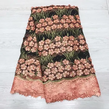 

New High Quality 2019 Peach 3D Applique Nigerian Lace Fabrics Tulle Beaded African Lace Fabric Guipure Embroidered French Lace