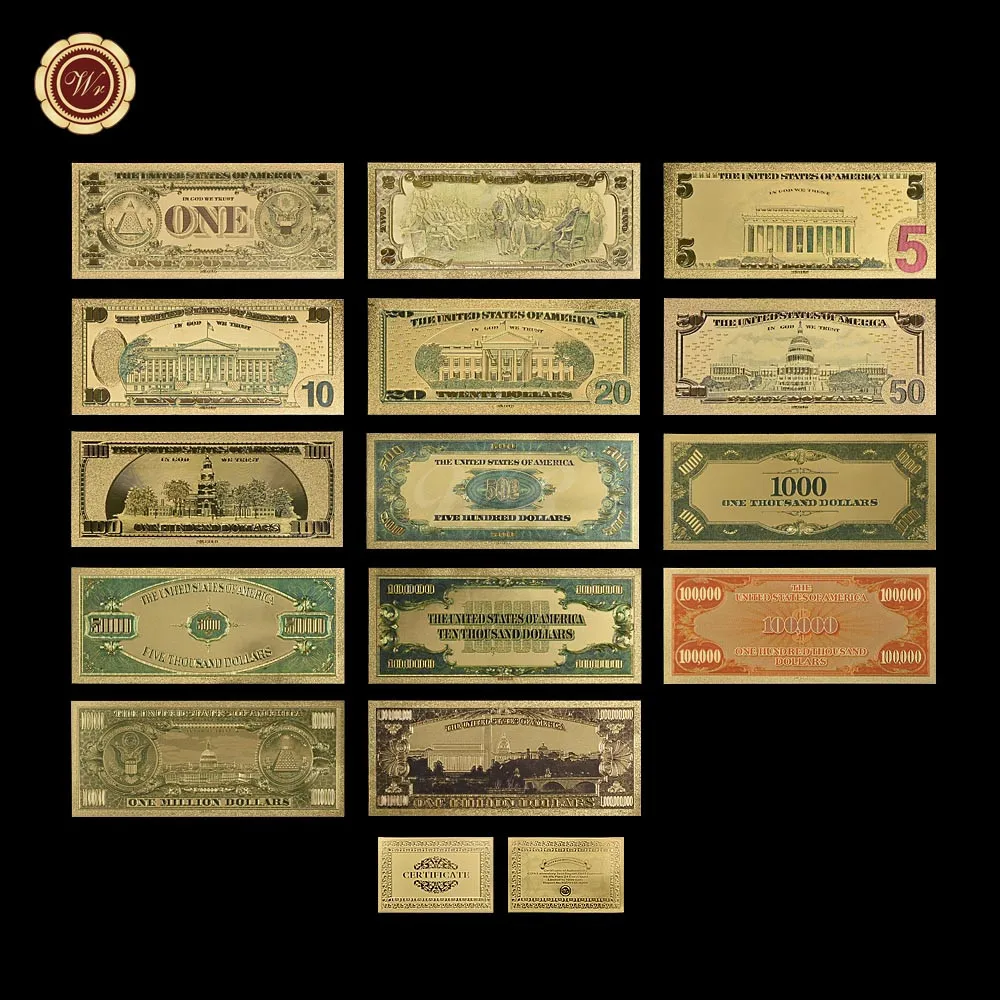 WR 14 цветов США золотые банкноты 1-1 доллар мира бумажные деньги валюта Америка банкноты поддельные деньги Банкноты для подарка