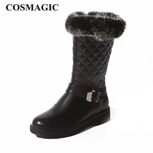 COSMAGIC/Новинка года; зимние женские сапоги до колена; модные рыцарские сапоги; черные высокие сапоги с круглым носком на низком каблуке с кроличьим мехом
