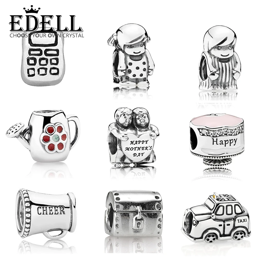EDELL 100% 925 فضة الهاتف المشجع مكبر الصوت عيد ميلاد سعيد كعكة الكابينة تاكسي مسقاة خرز تميمة محدودة طبعة